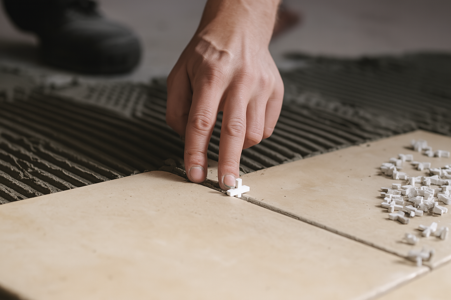 A close-up shot of a person's hand pressing a white tile spacer between two light-colored floor tiles. The tiles are being laid over a bed of grooved adhesive mortar, and a pile of other spacers is visible to the right.