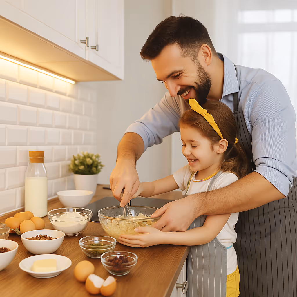 A happy father with a beard, wearing a blue shirt and grey apron, is helping his smiling young daughter in a yellow headband and apron whisk ingredients in a glass bowl in a bright kitchen. Various baking ingredients are laid out on the wooden countertop.