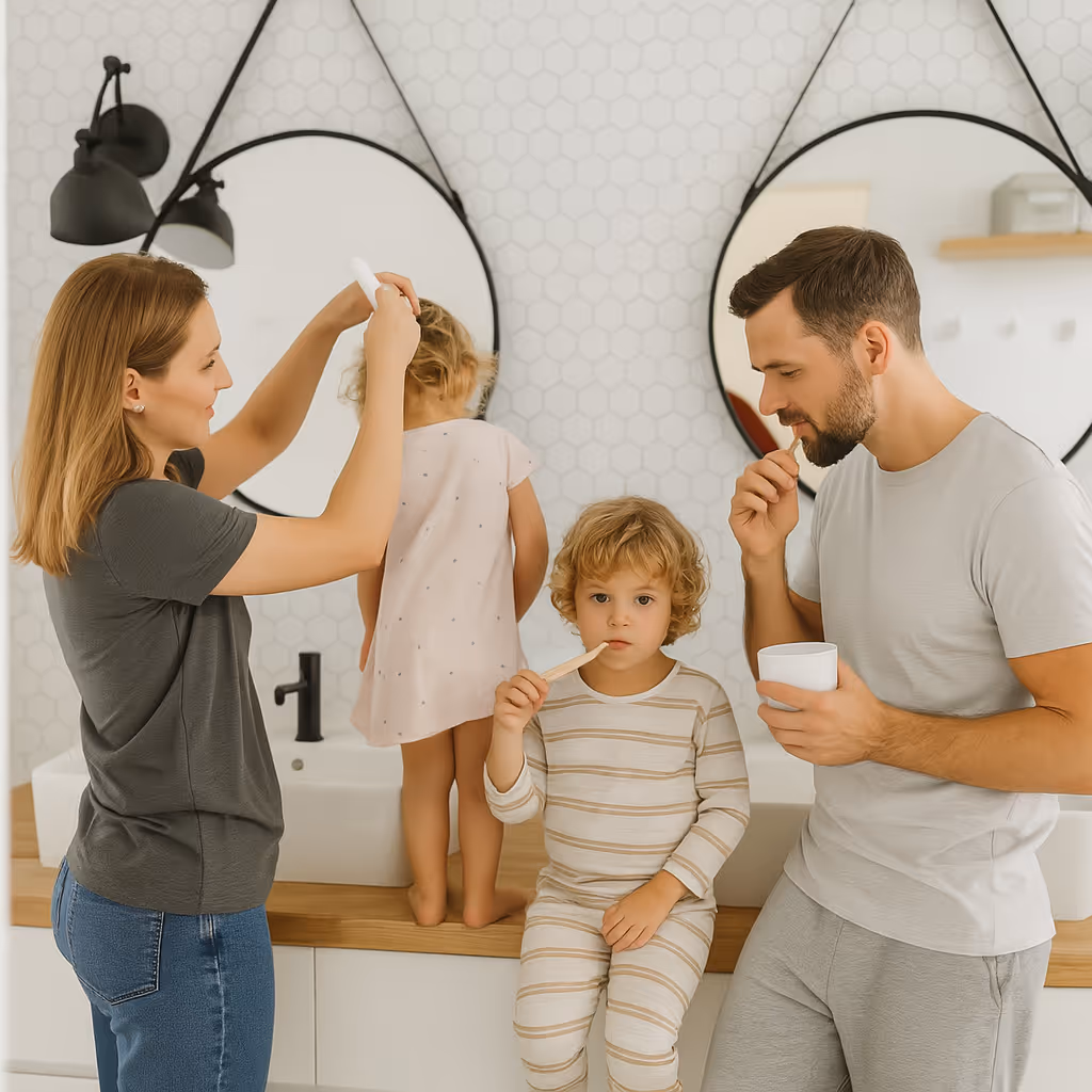 A family of four is in a modern bathroom. A mother is helping a young girl with her hair, while the father and a young boy are brushing their teeth. The boy is sitting on the counter, and the father is standing next to him holding a cup. The bathroom has a white honeycomb tile backsplash and two round mirrors.