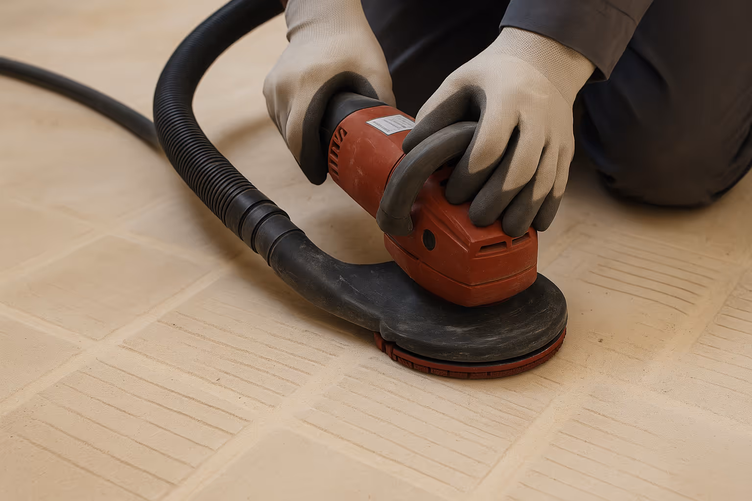 A close-up of a person's gloved hands operating a red and black floor sander or buffer on light-colored tiled flooring. A large hose is connected to the tool, suggesting dust extraction. The person is kneeling, and the focus is on the tool and the process.
