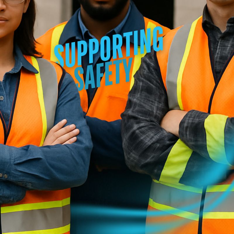 employees in high visibility vests, with arms crossed