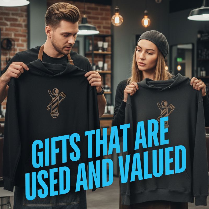 two people at a barber shop, holding up hoodies, one is more faded than the other. Comparing to see if there are differences in quality.