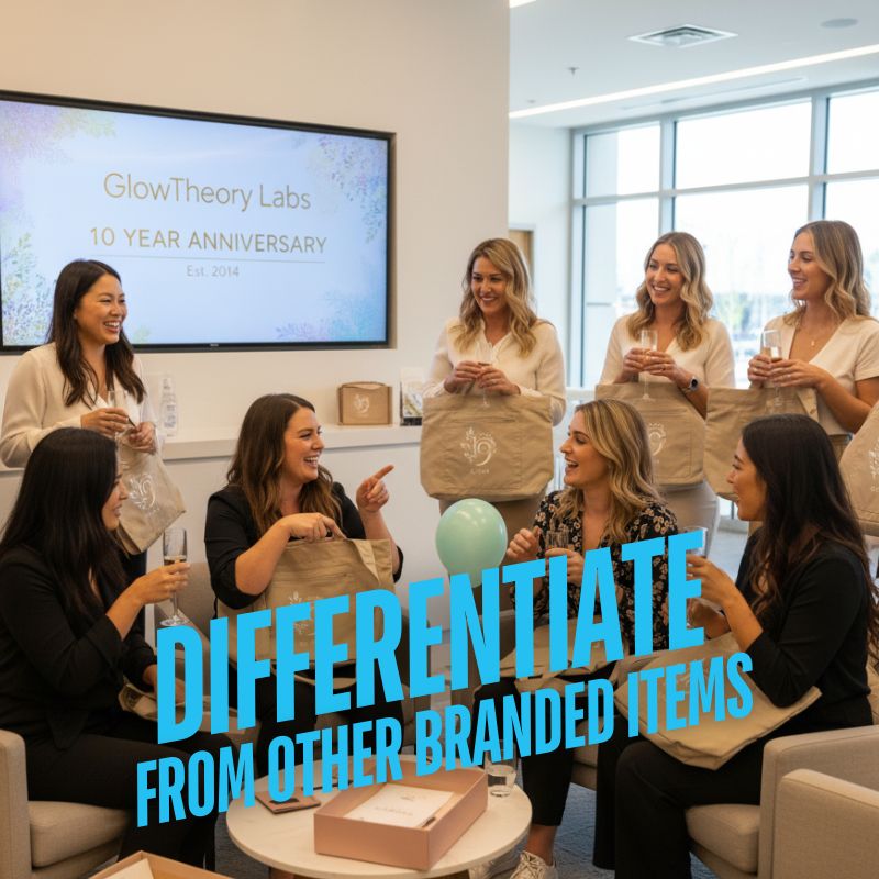 women gathered around celebrating the companys 10 year anniversary. Each person is carrying a tote bag with their logo on it.