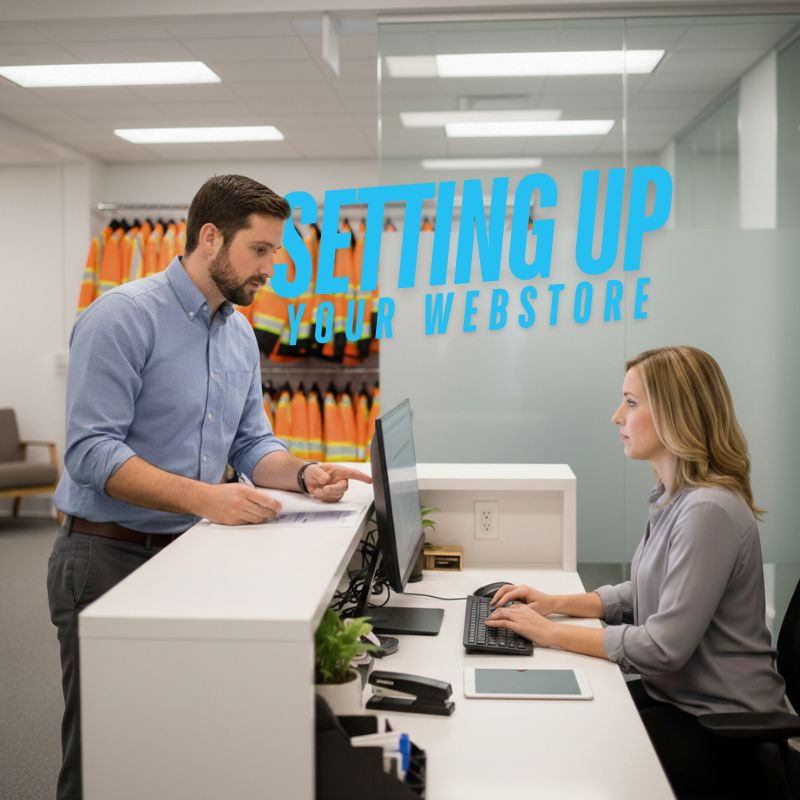 a man leaning against the front desk, giving instructions to his cowoker who is sitting at the desk.