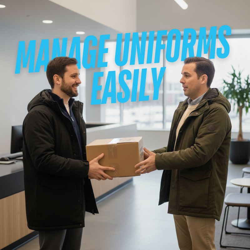 man delivering a box of uniforms to his customer.