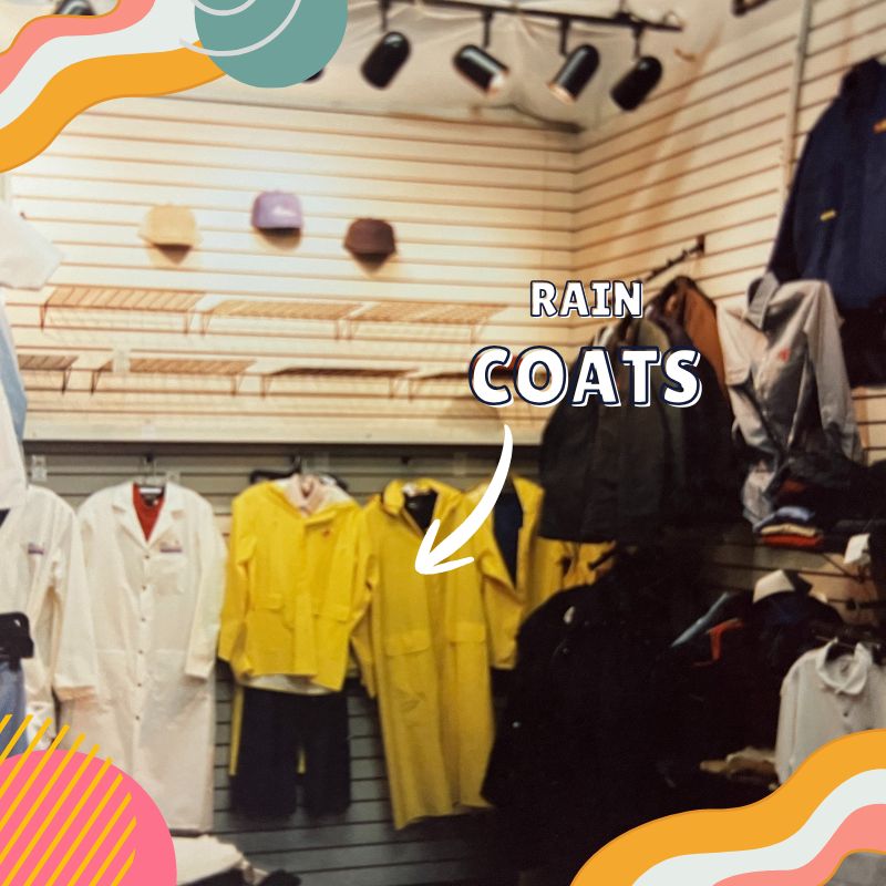 rain coats in the Todd Uniforms showroom in the 90s