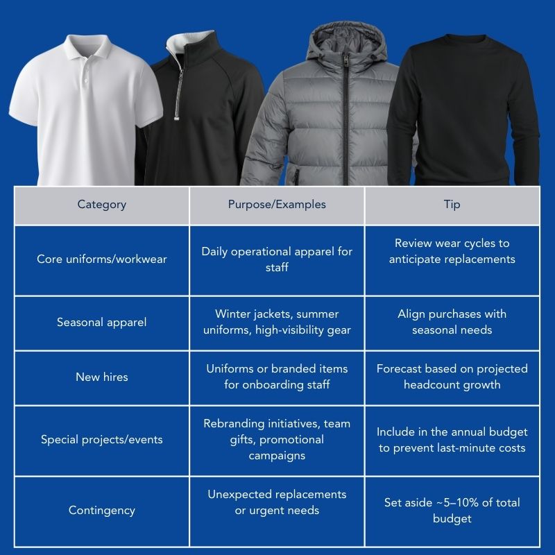 chart of how to structure budget for uniforms and apparel