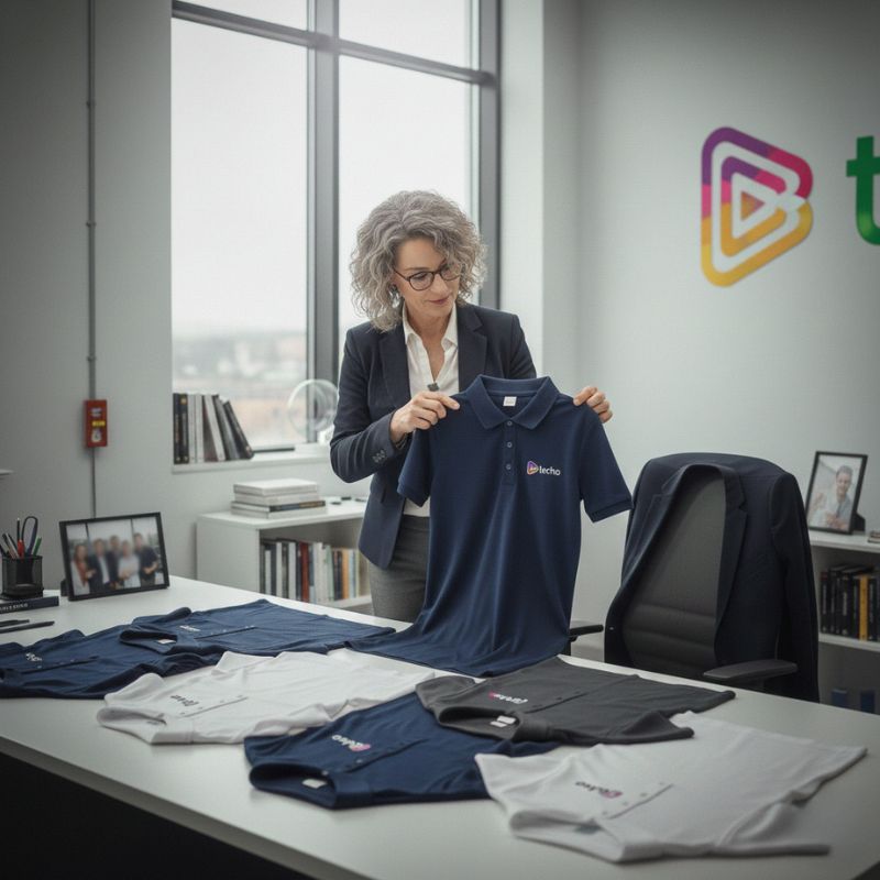 manager looking at different polo shirts with the company logo