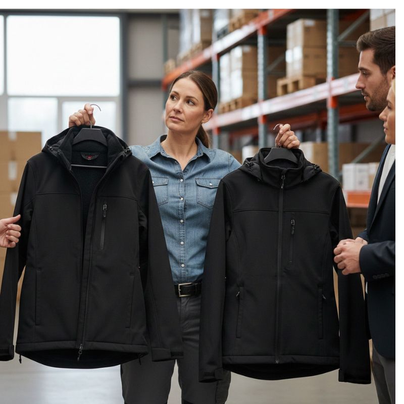 manager showing two different jacket options to the team