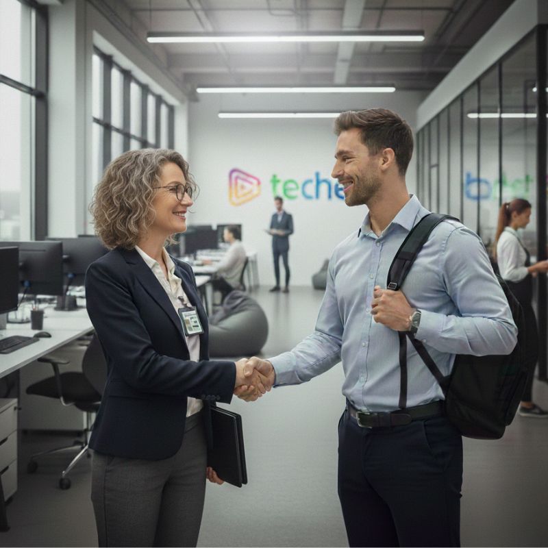 manager welcoming new hire to the company