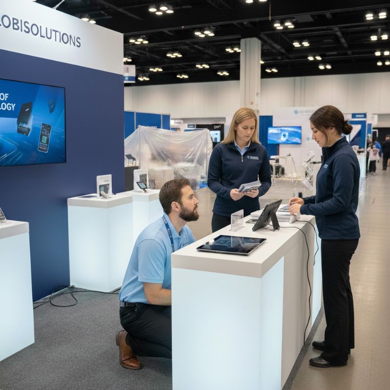 team preparing their tradeshow setup before the tradeshow begins