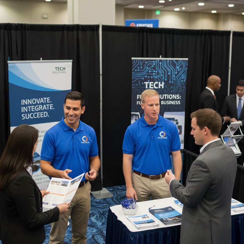 two people talking to potential customers at a tradeshow