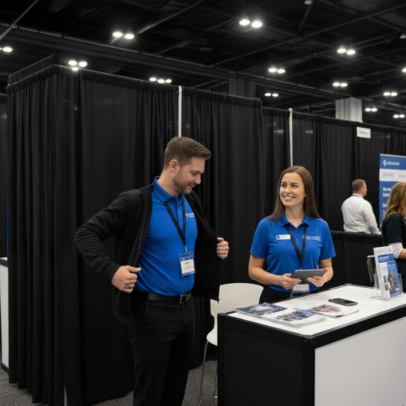 man removing sweater at a tradeshow