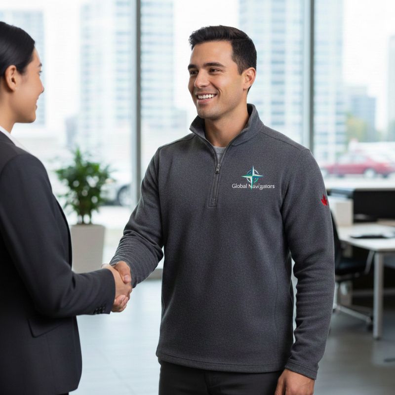 man shaking hands with a customer, wearing company branded quarter zip with a small maple leaf on the arm