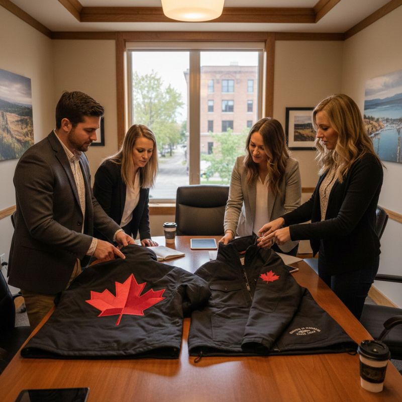 team selecting design of where maple leaf should be on the jackets