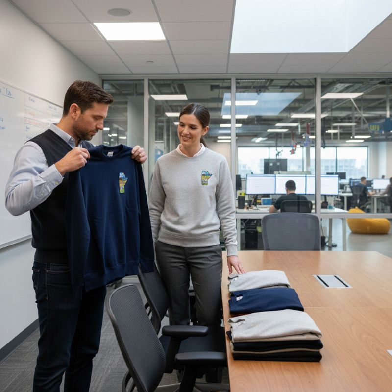 coworkers in a boardroom looking at crewnecks with manitoba design on the front chest