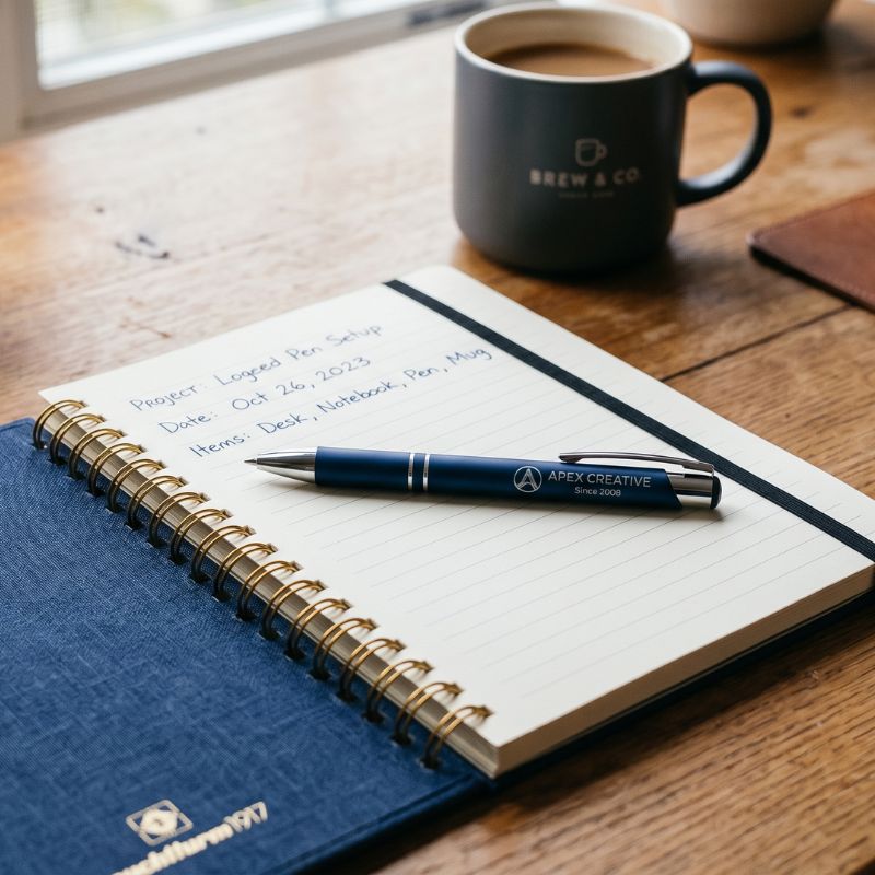 image of a pen with a company logo on top of a branded notebook. Off to the side is a mug with the company's logo on it
