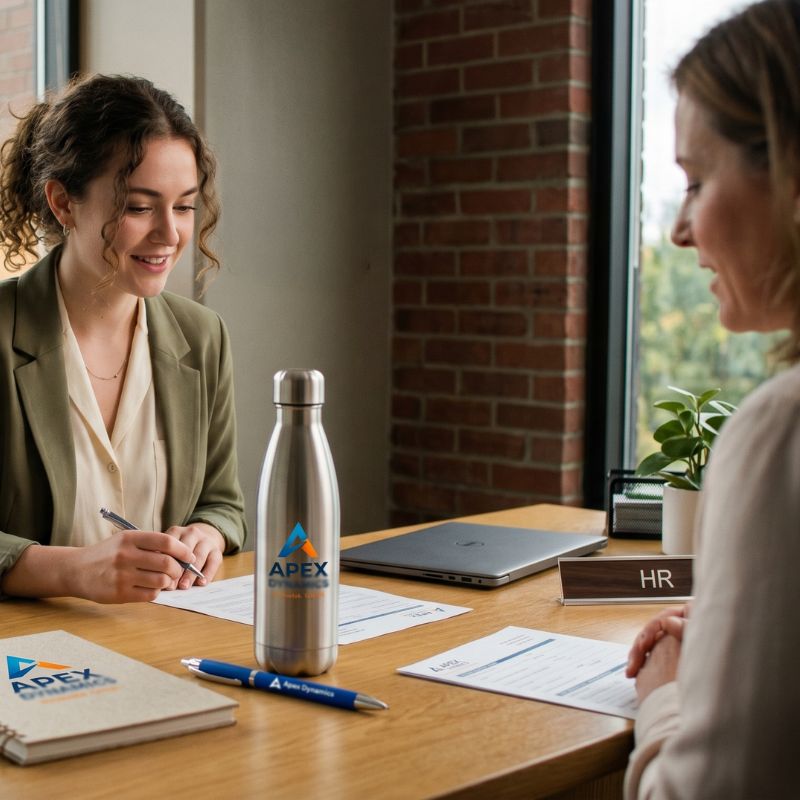 first day orientation, HR Specialist speaking to new employee, branded material on tablei