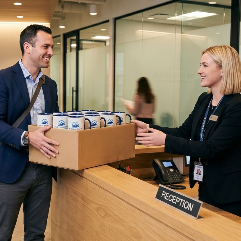 man dropping off branded travel mugs to front reception