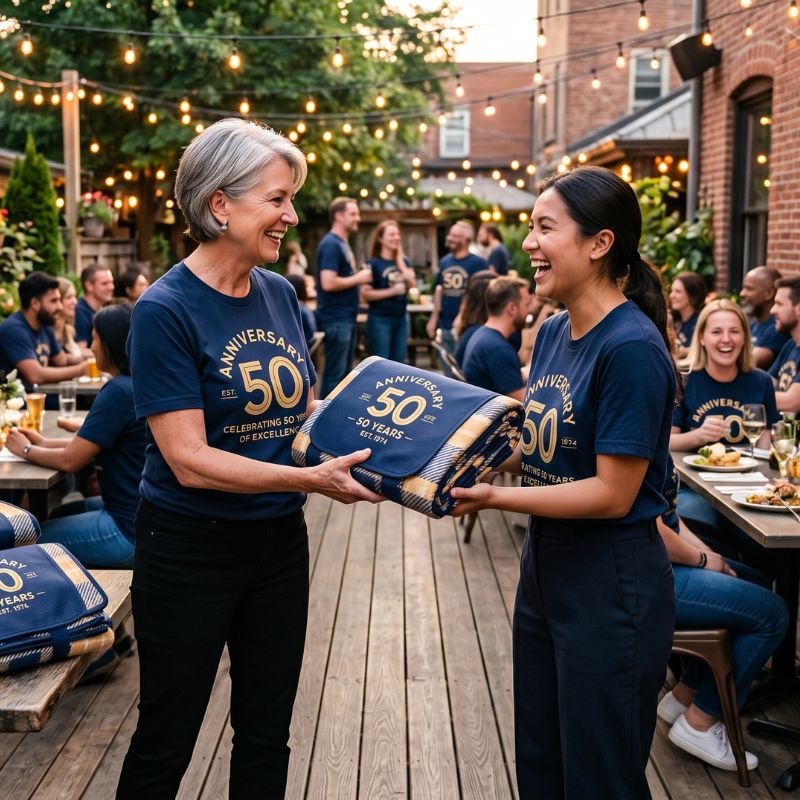 CEO handing picnic blanket gift to an employee
