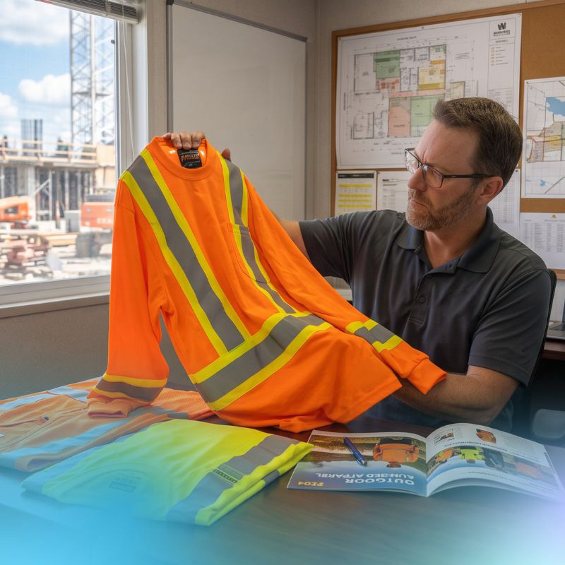 operational manager reviewing a long sleeve hi-visibility garment.