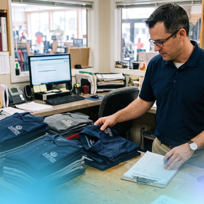 operational manager looking through the bulk order he made on logo'ed polo shirts
