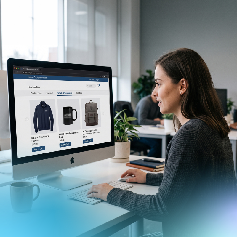 Employee browsing the internal webstore where the team can purchase workwear.