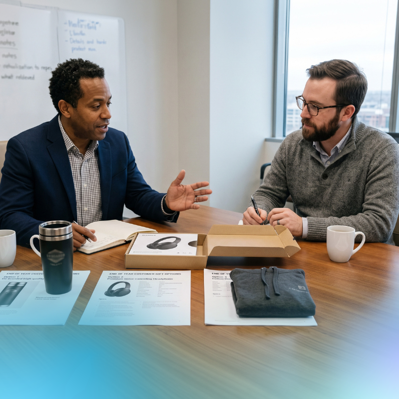 Operational manager meeting with an account executive to talk about gift options for his team.