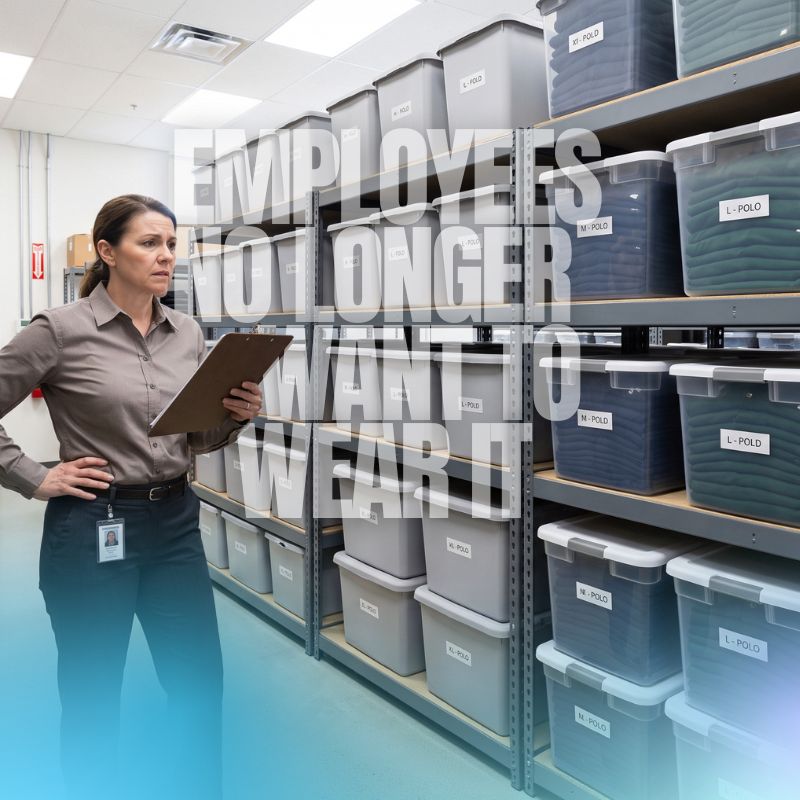A manager looking through employee apparel inventory and realizing there is an overstock of items.