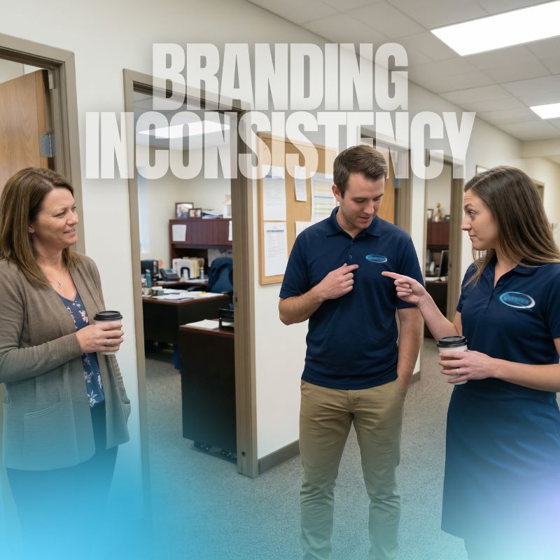 Coworkers standing in a hallway, speaking, and realizing the logos are slightly different sizes.