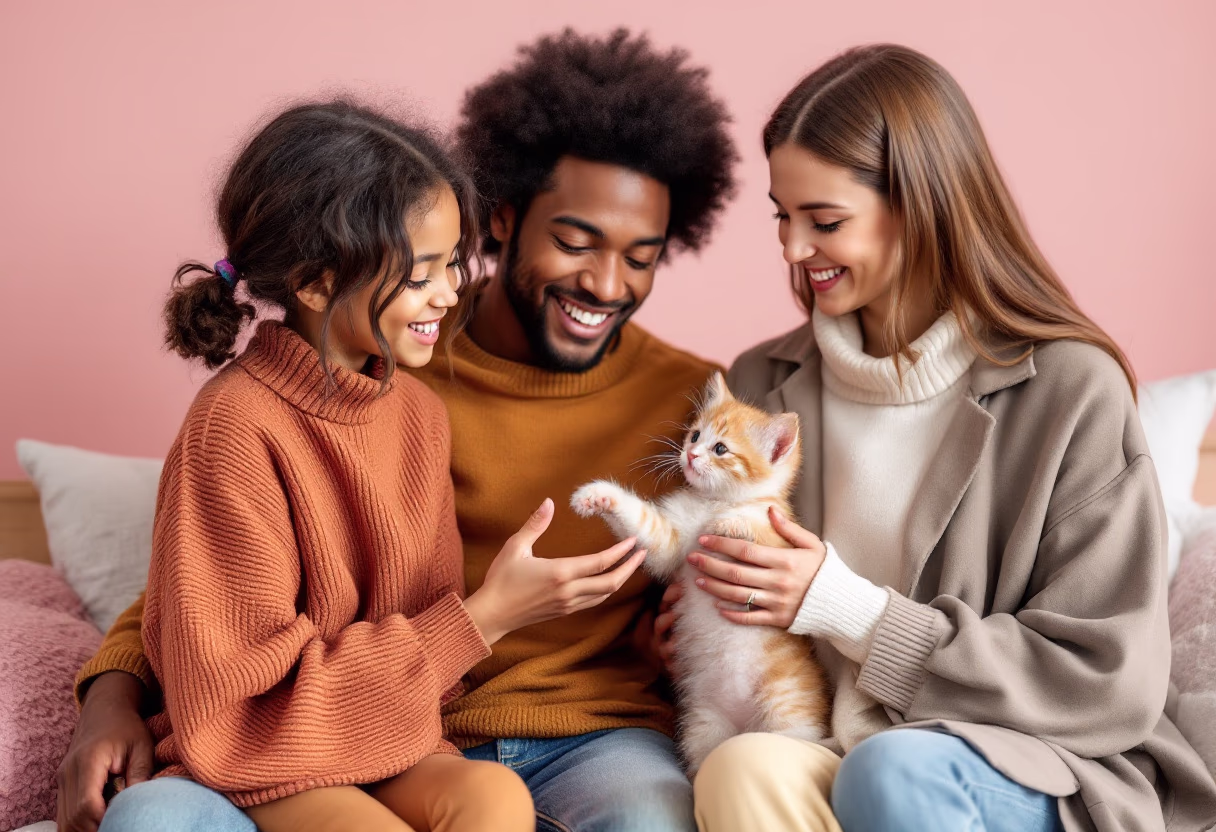 image of adoption process in action, subject: family choosing a kitten