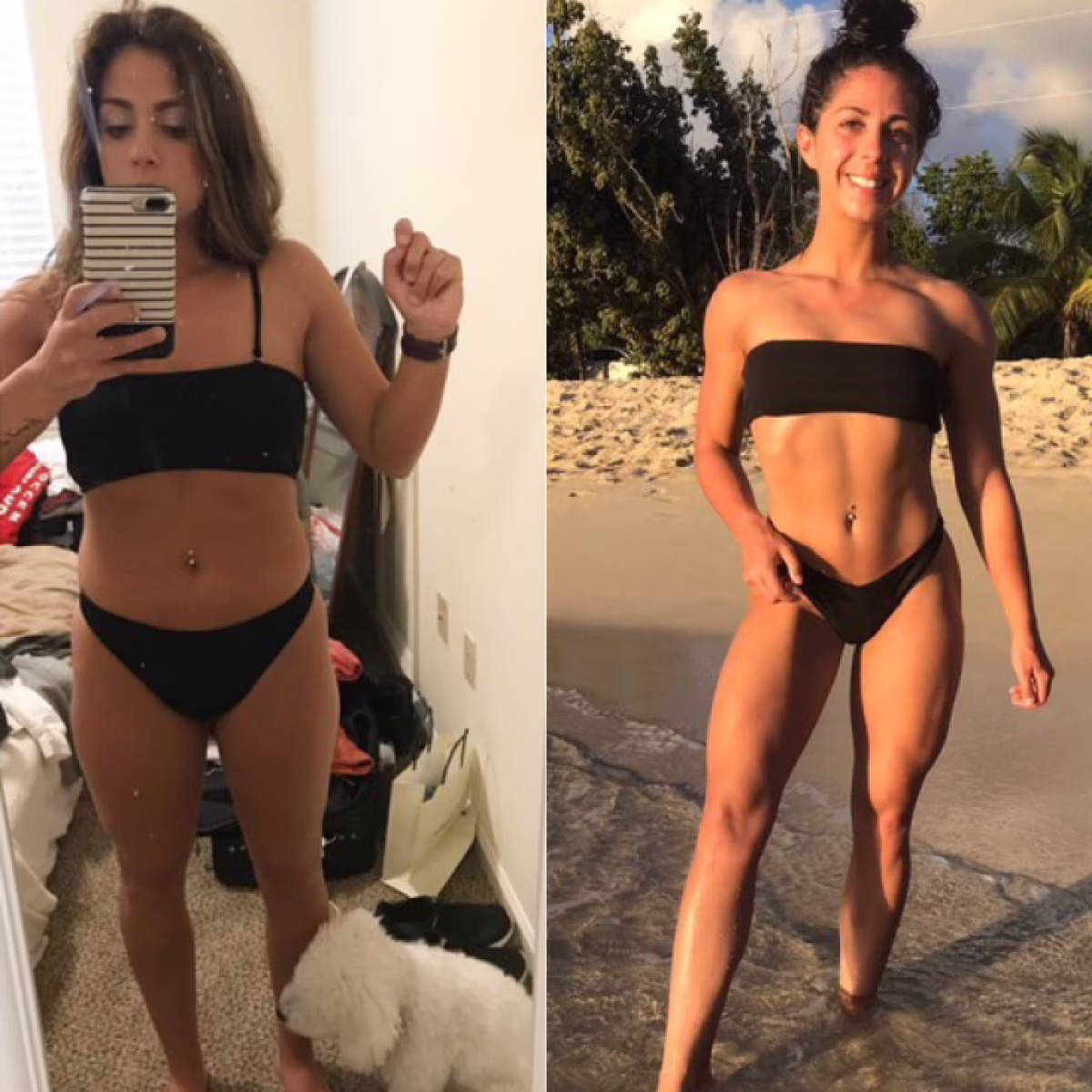 Woman using OWNU in bikini before and after photo