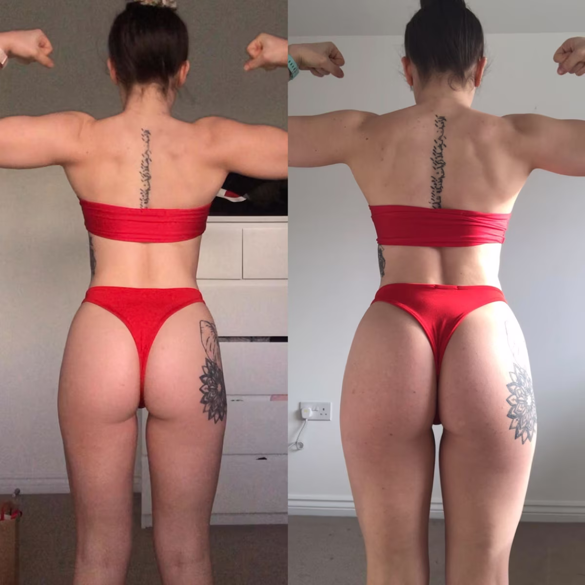 Before and after photo of woman flexing her muscles