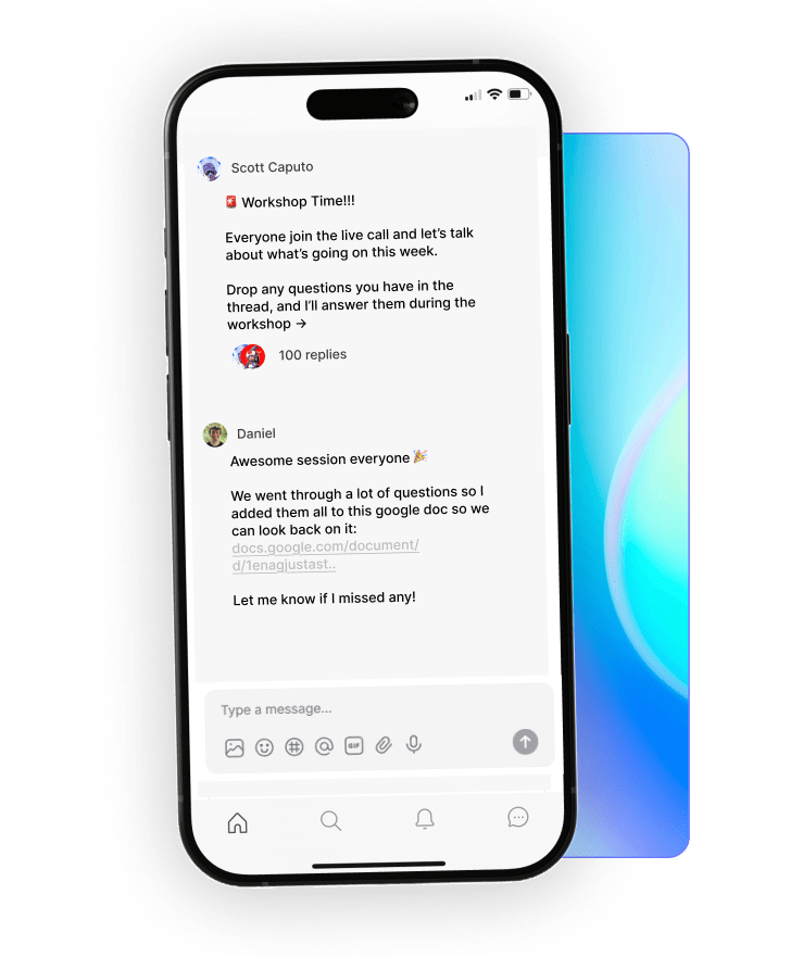 phone mock up showing community interactions and events