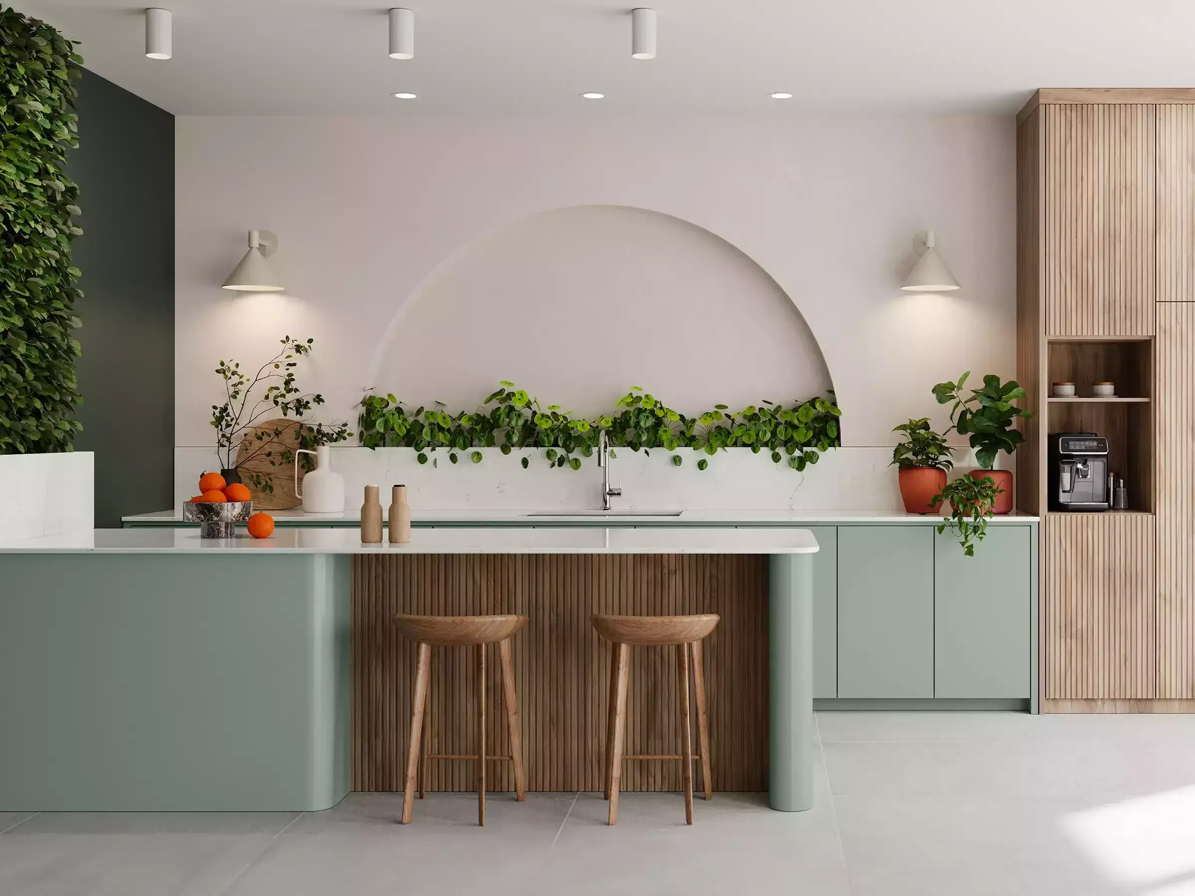 Soft teal and light wood kitchen cabinets