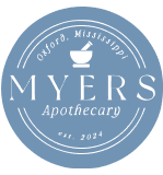 Myers Apothecary logo in blue and white circular design