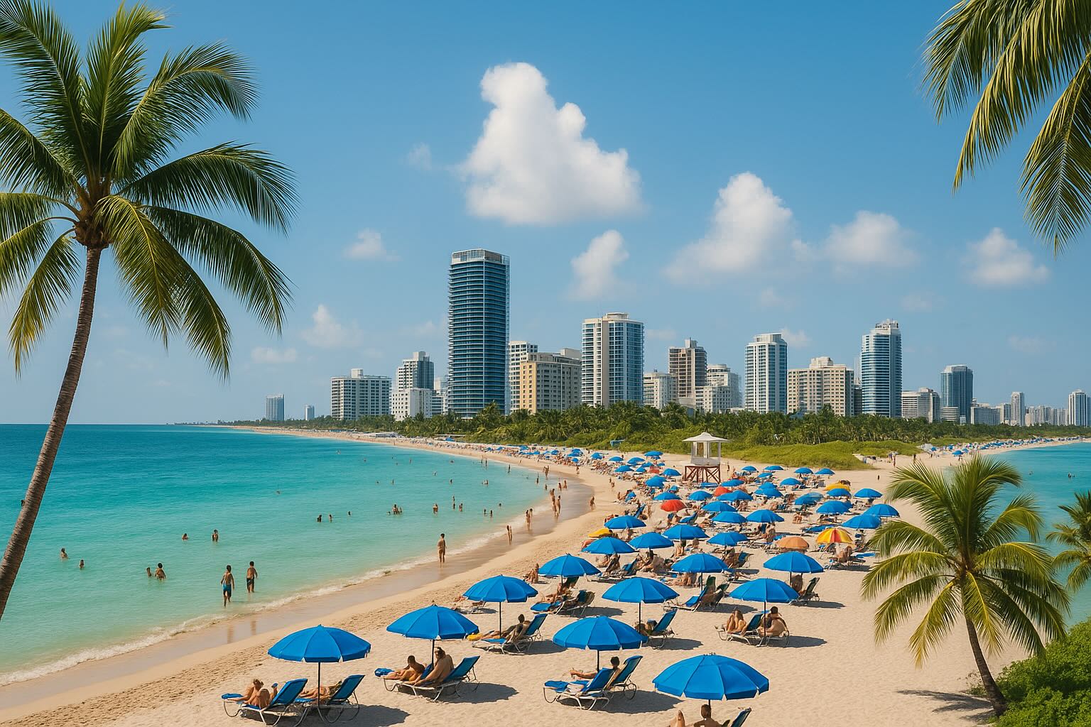 A sunny South Florida beach lined with blue umbrellas and lounge chairs, with people enjoying the sand and ocean, framed by palm trees and backed by a skyline of modern high-rise buildings.