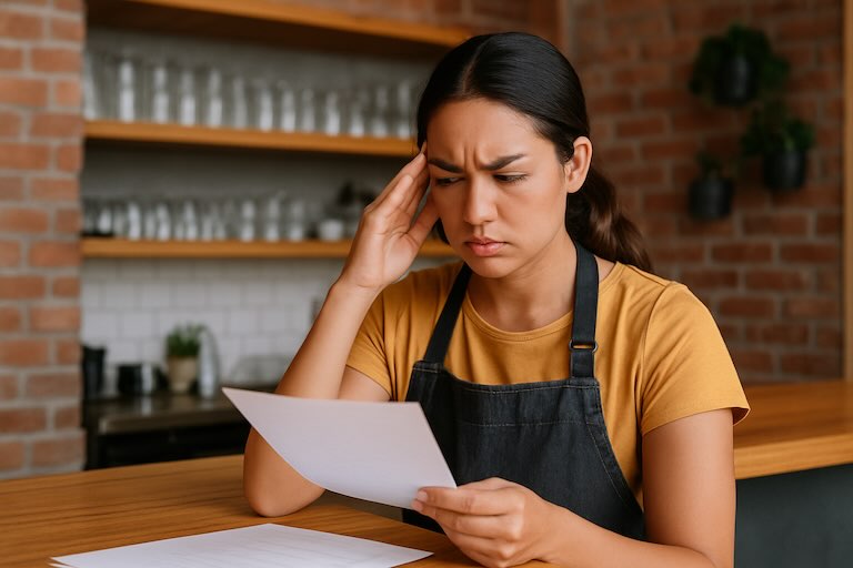 A concerned restaurant worker in an apron reads a document while touching her temple, standing behind a counter in a cozy brick-walled café.