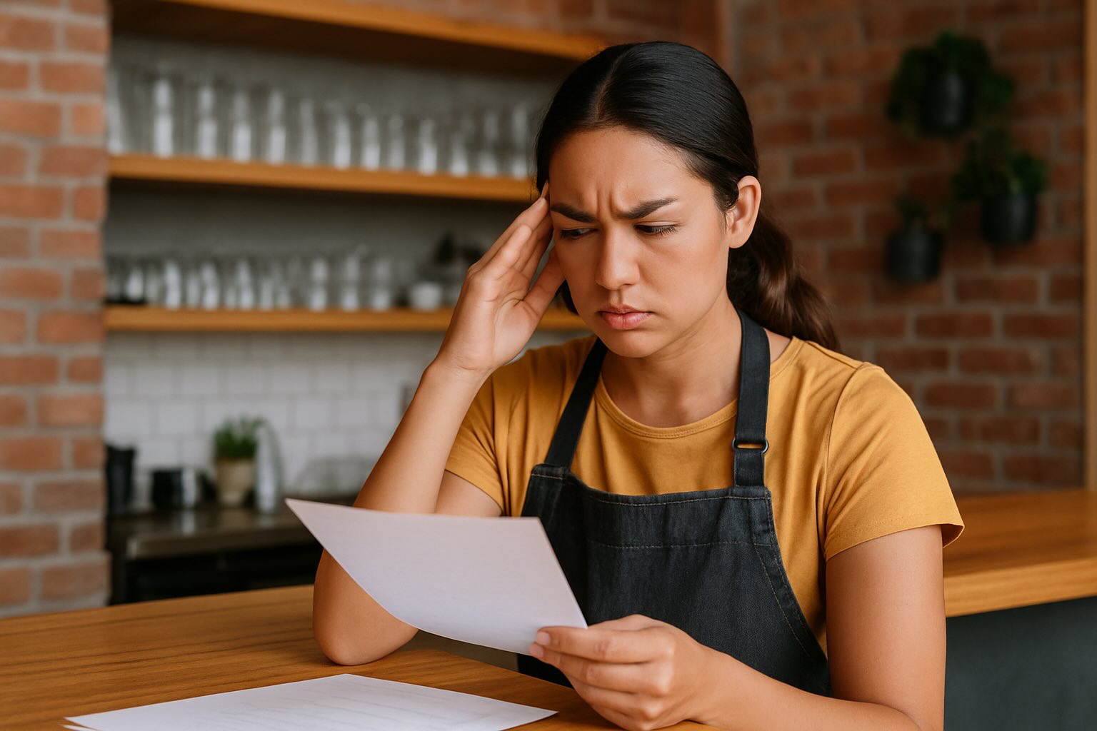 A concerned restaurant worker in an apron reads a document while touching her temple, standing behind a counter in a cozy brick-walled café.