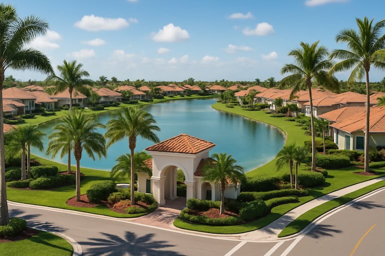 Aerial view of a master-planned South Florida community with a central lake, palm trees, and Mediterranean-style homes.