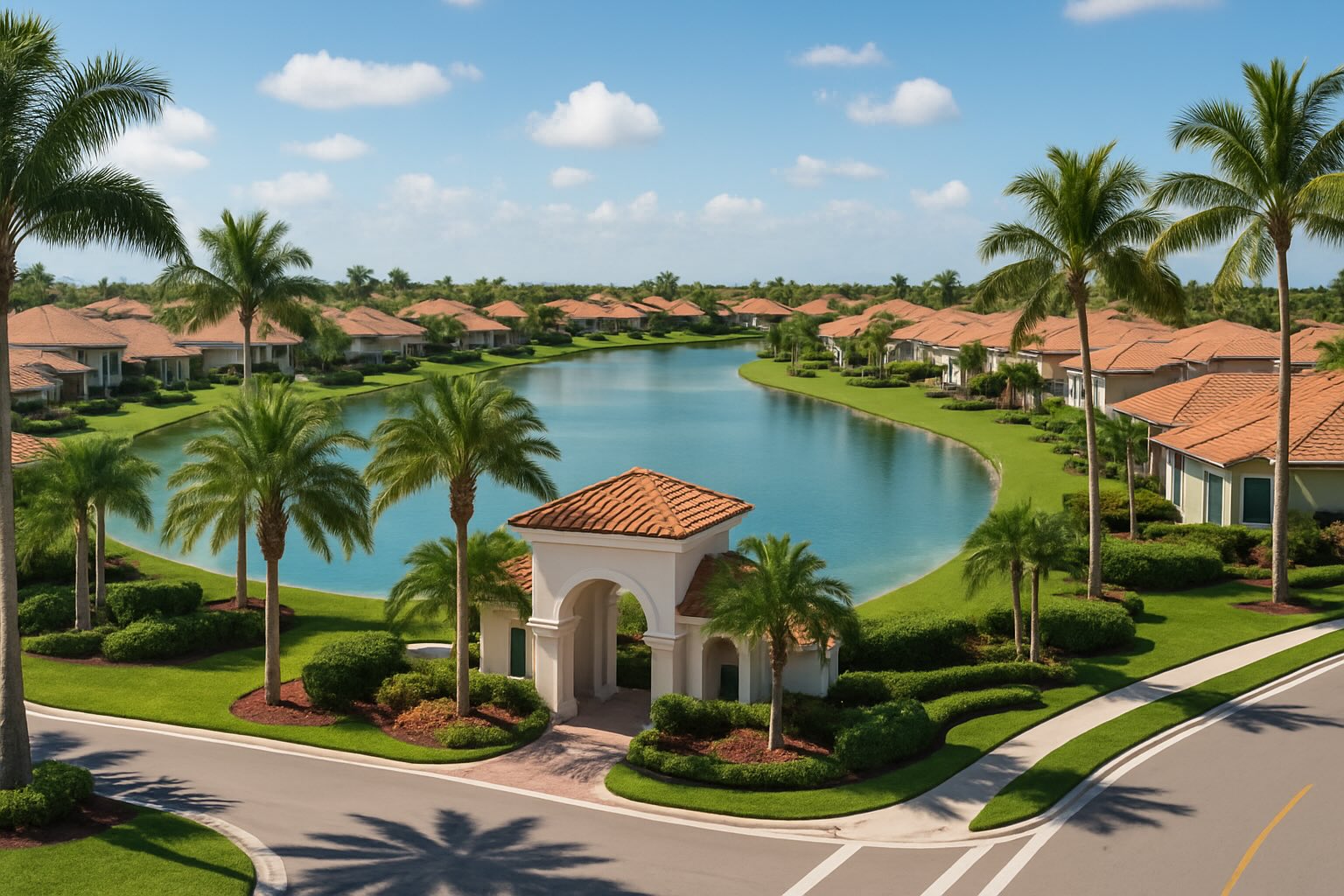 Aerial view of a master-planned South Florida community with a central lake, palm trees, and Mediterranean-style homes.