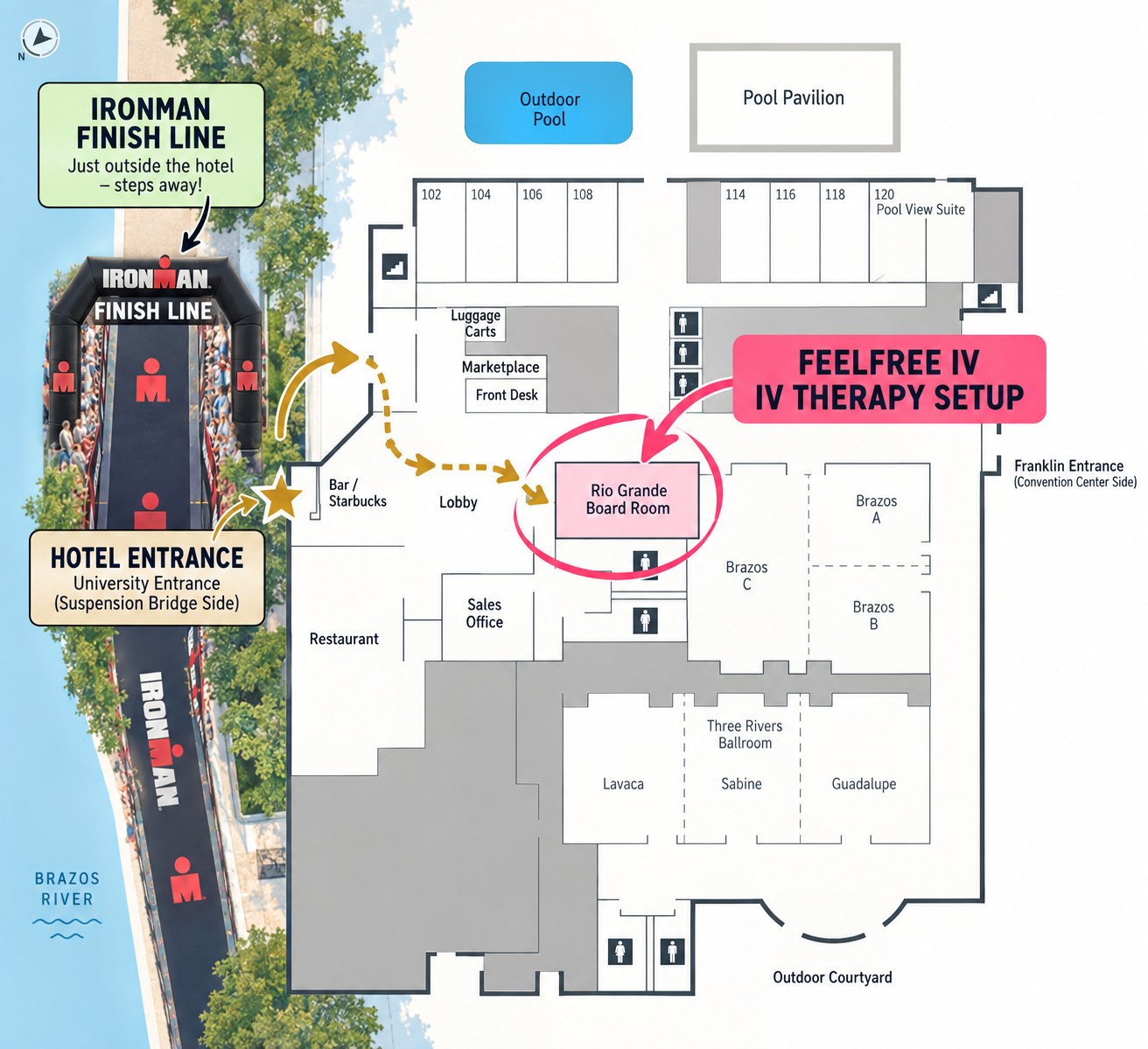 Hotel map showing the FeelFree IV setup in the Rio Grande Board Room, steps from the finish line