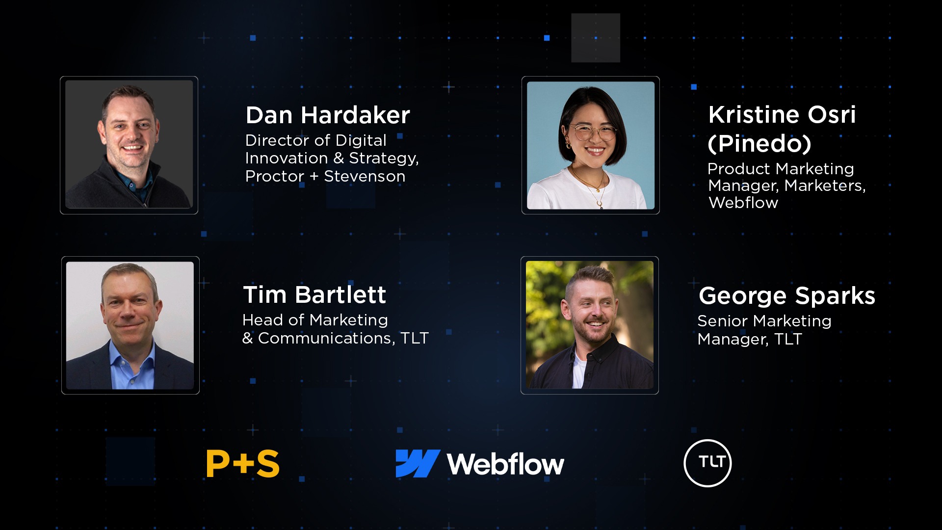 Header image of the 4 people on the webinar with their job titles and logos