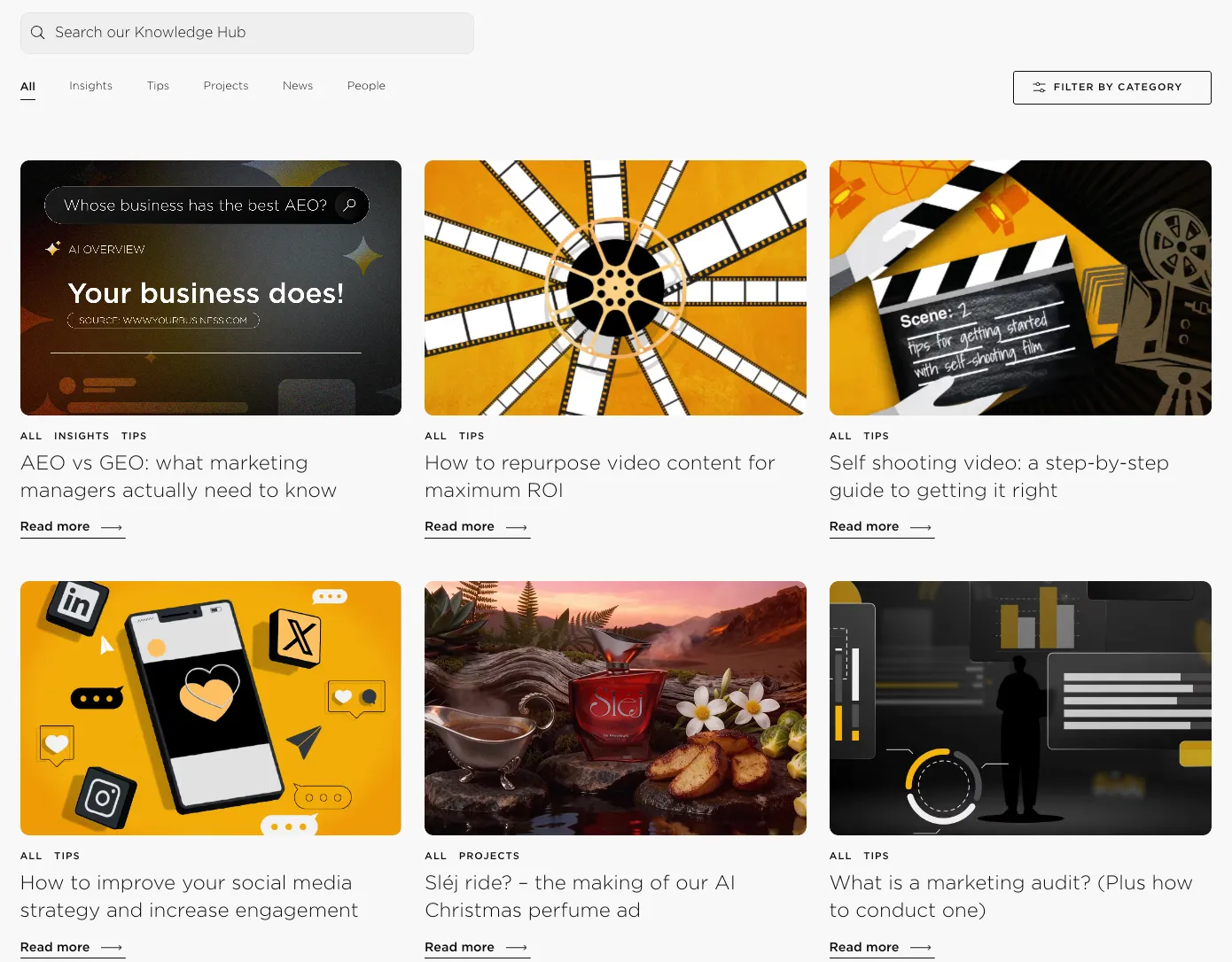Knowledge hub page with search bar, category filters, and six marketing article previews with images.
