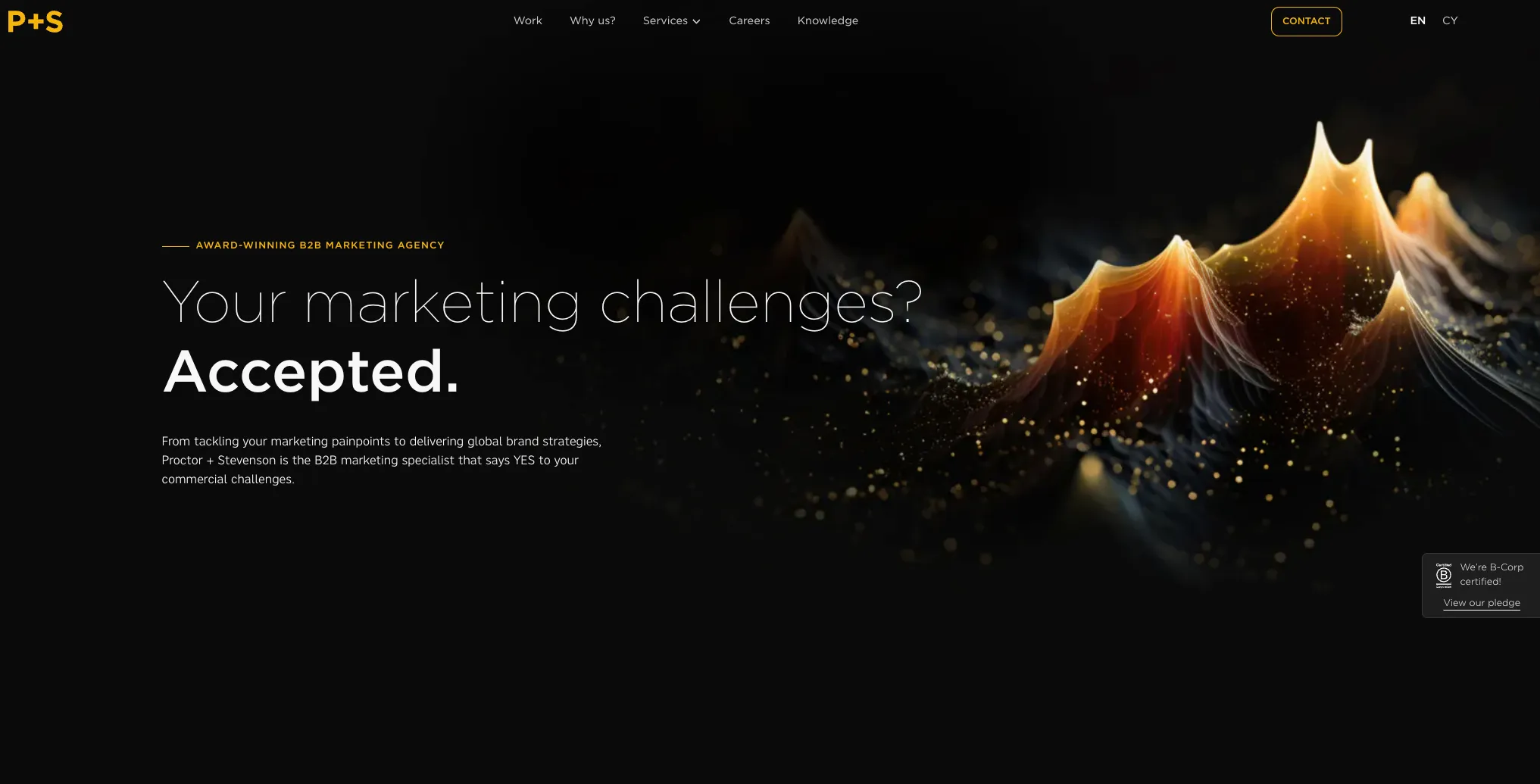 Website header with marketing agency slogan and abstract glowing mountain-like shapes on dark background.