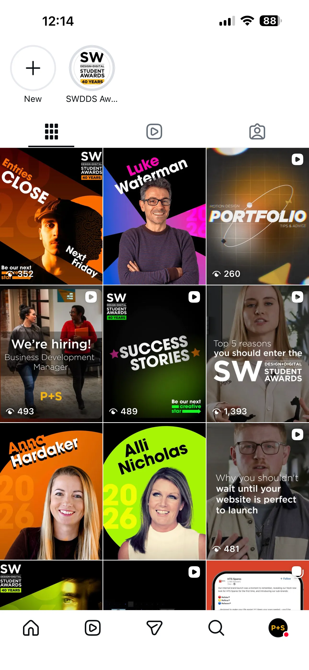 Instagram profile grid showcasing SW Student Awards posts with portraits, hiring, success stories, and advice videos.