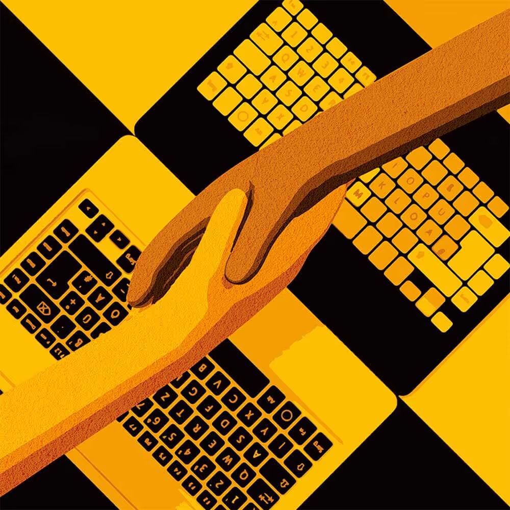 hands coming from opposite laptop screens and shaking in the middle representing digital connection