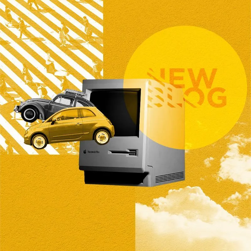 Old cars coming out of an old computer showing the development of web technology.