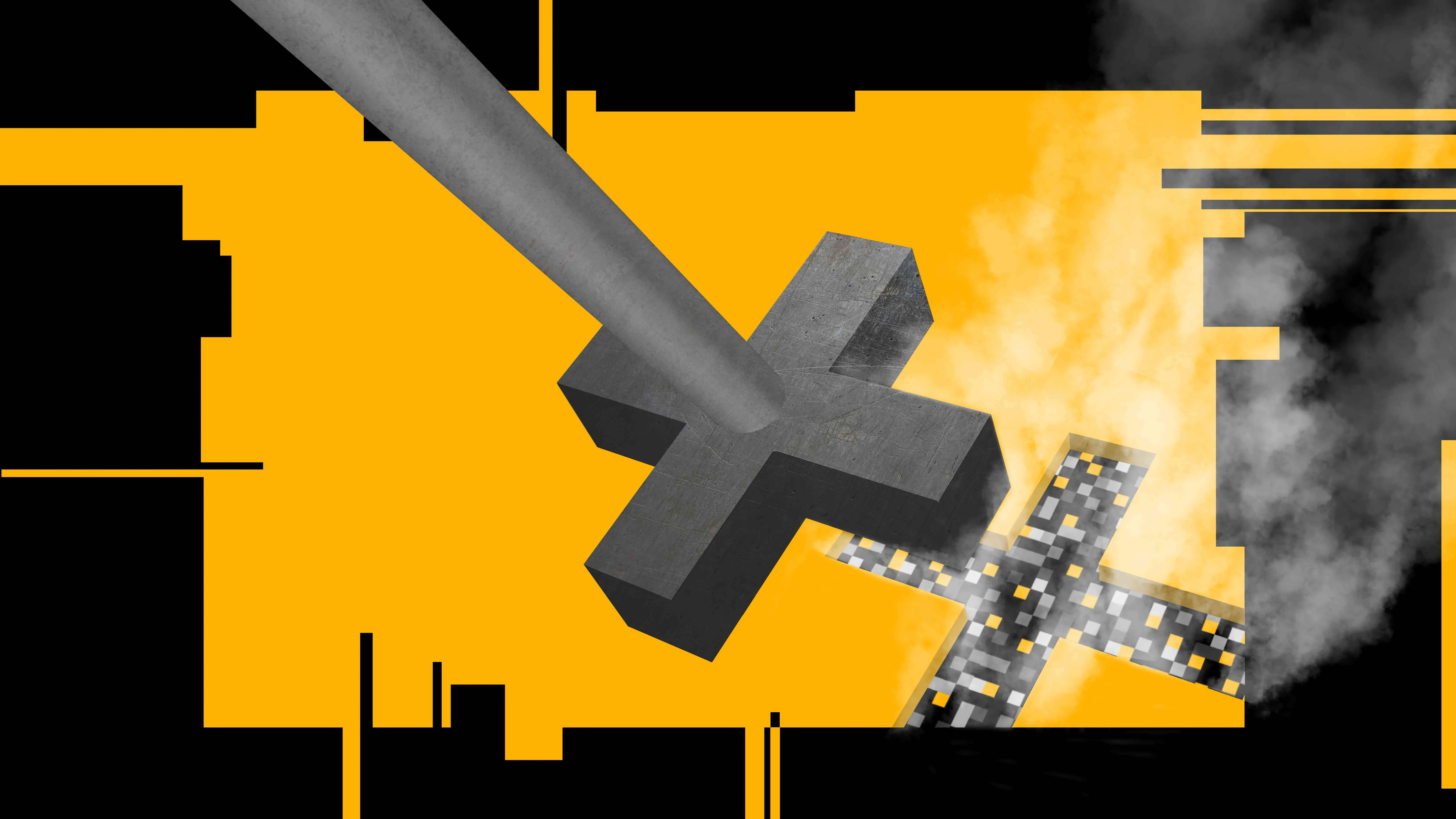 Large metallic plus sign branding a pixelated plus sign against a yellow and black background.
