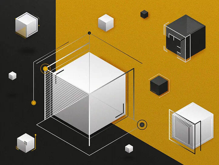 Geometric imagery in the P+S brand colours.